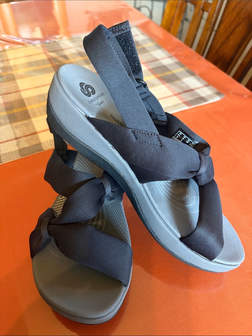 Clarks Black Knotted Slingback Sandals with Gray Footbed